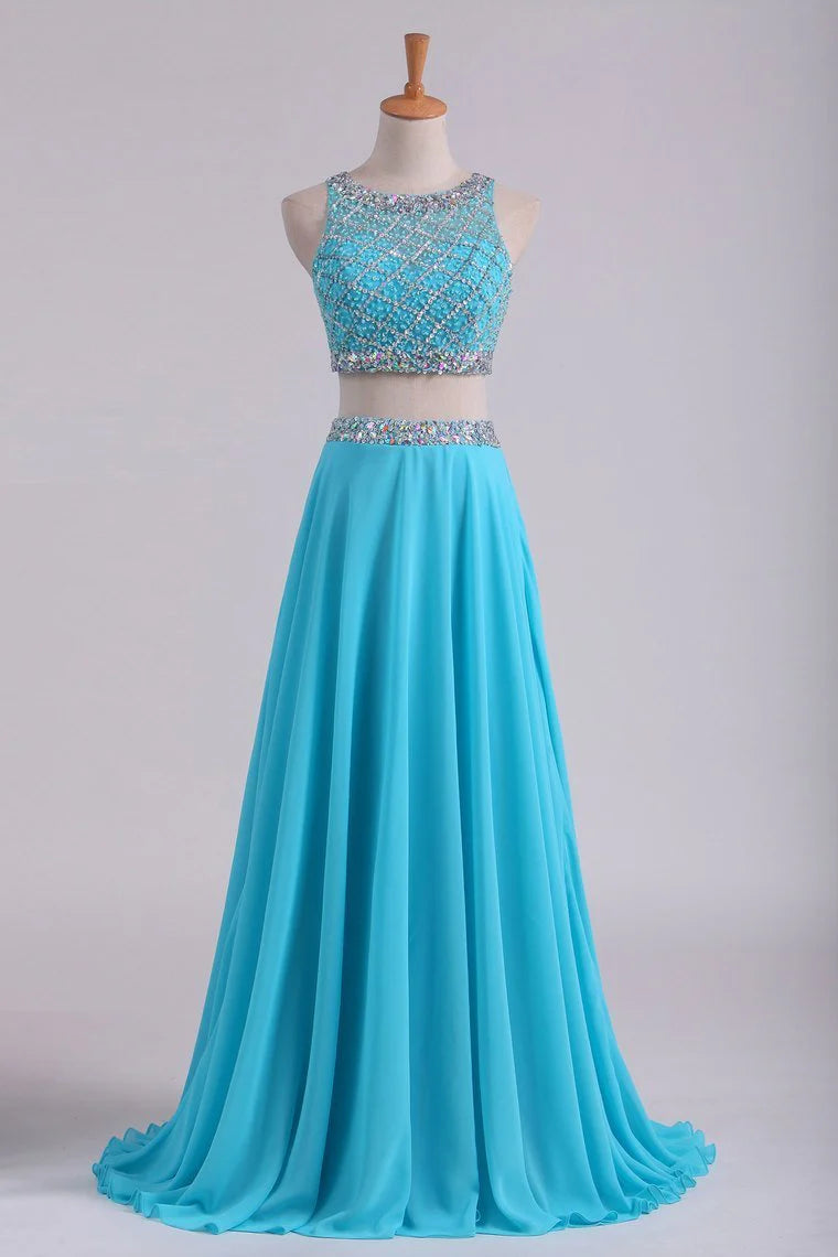 Bateau Two Pieces Party Dresses A Line Beaded Bodice Open Back Floor Length Chiffon & Tulle